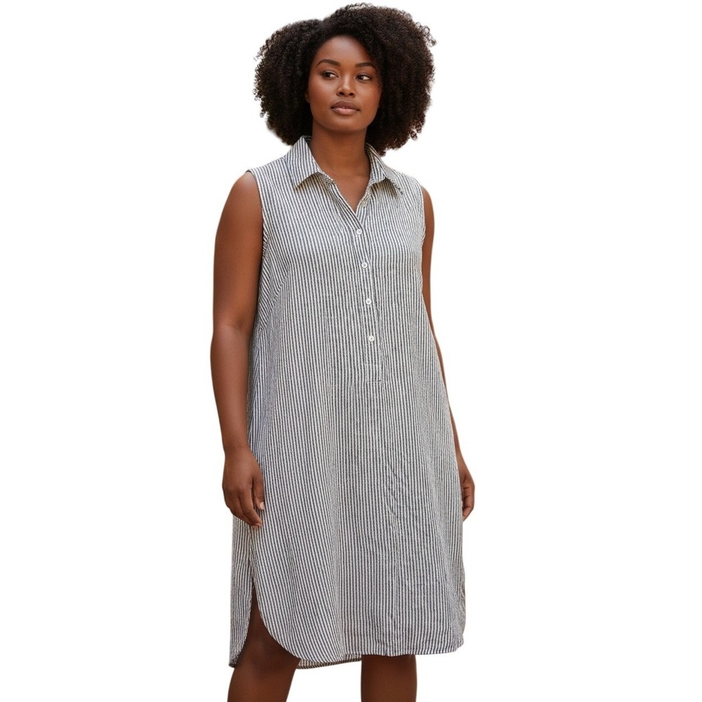Tahari 100% Linen Striped Shirt Dress Gray White 1X, coastal, beachy, relaxed